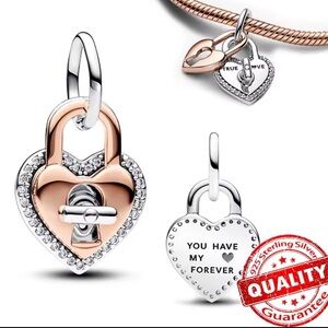 NWOT Two-tone Twistable Heart Padlock Double Dangle Charm Sterling Silver 925